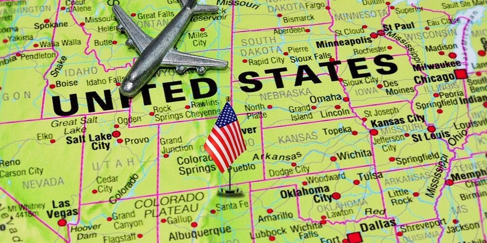 Usa,Map,,Airplane,And,American,Flag.,Usa,On,The,World