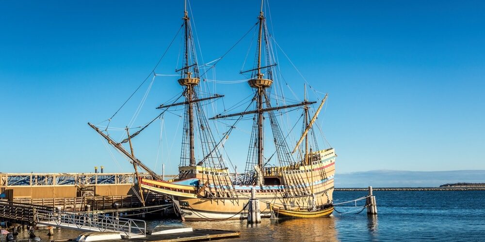The,Historic,Ship,Mayflower,In,The,Harbor,Of,Plymouth Thanksgiving and the story of the Mayflower