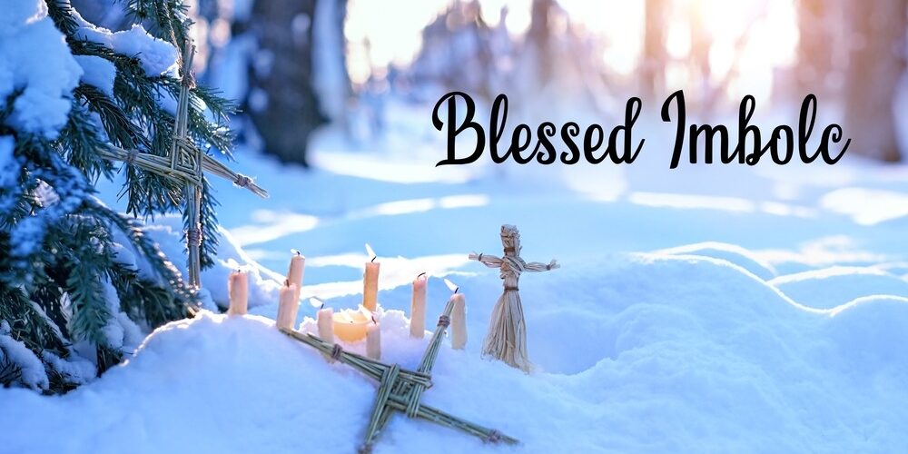Blessed,Imbolc,Greeting,Card.,Wiccan,Altar.,Brigid’s,Cross,,Candles,,Witch Imbolic Ireland end to winter