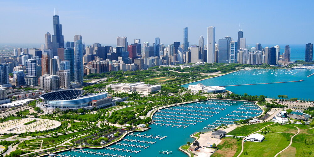 Downtown,Chicago,&,Lake,Michigan Chicago and Soldier Field