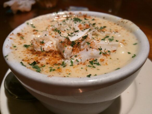 Bowl of She Crab Soup with crab meat garnish